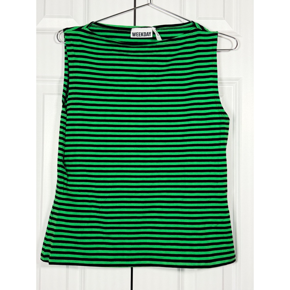 Weekday Womens Green Black Striped Sleeveless Boat Neck Lyocell Top Sz Large - Picture 2 of 5